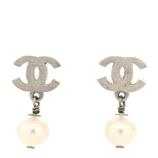 Chanel Pearl Quilted CC Drop Earrings Silver