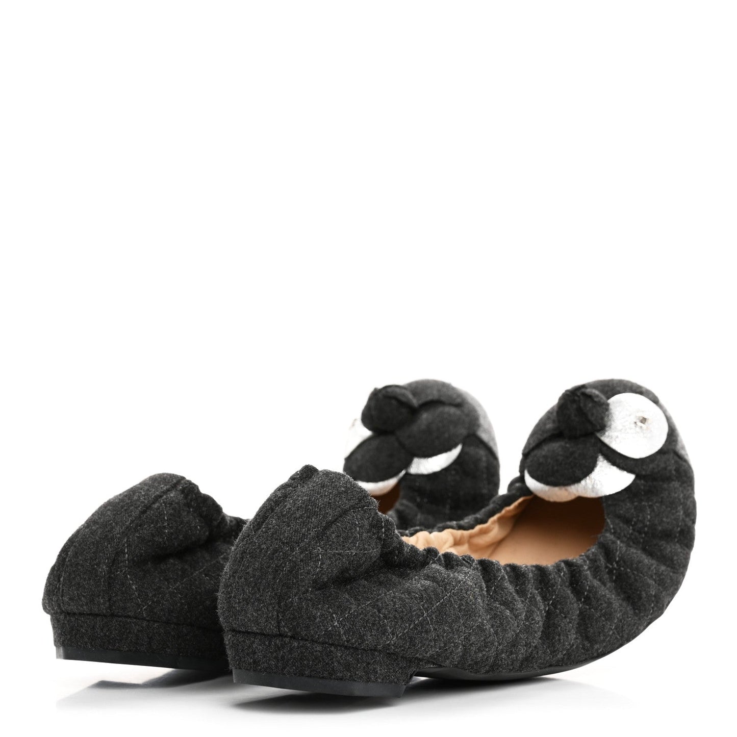 Chanel Tweed Quilted Camellia Cap Toe Ballerina Flats 40 Grey
