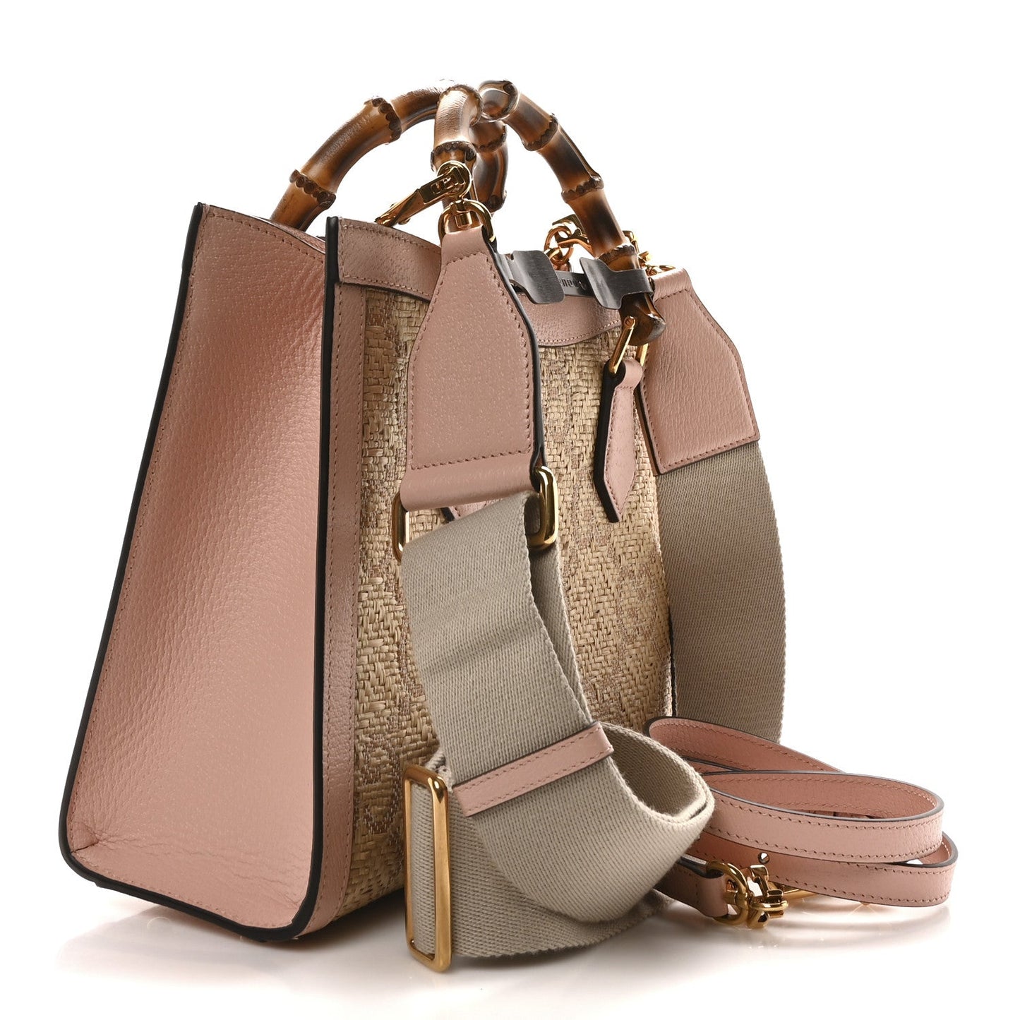 Gucci Raffia Textured Dollar Calfskin GG Monogram Small Diana Tote Bag Wild Rose Fuxia Fluo