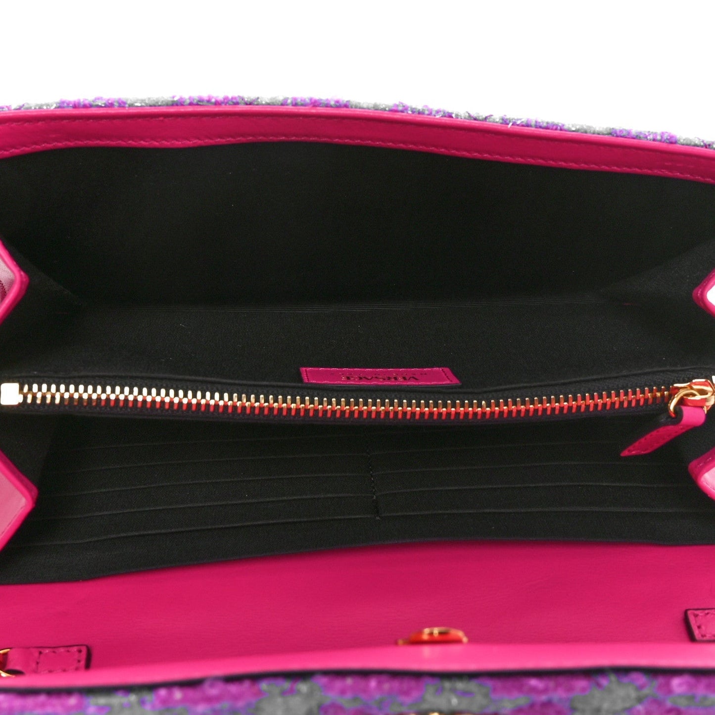 Versace Tweed Quilted Medusa Wallet on Chain Crossbody Pink Blue