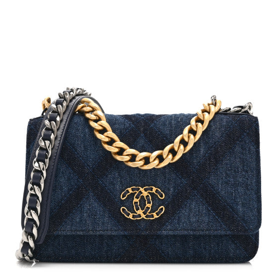 Chanel Denim Quilted 19 Wallet On Chain WOC  Blue