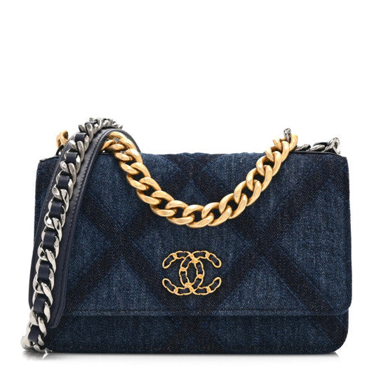 Chanel Denim Quilted 19 Wallet On Chain WOC  Blue