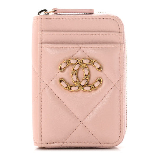 Chanel Lambskin Quilted 19 Vertical Zip Card Holder Wallet Light Pink