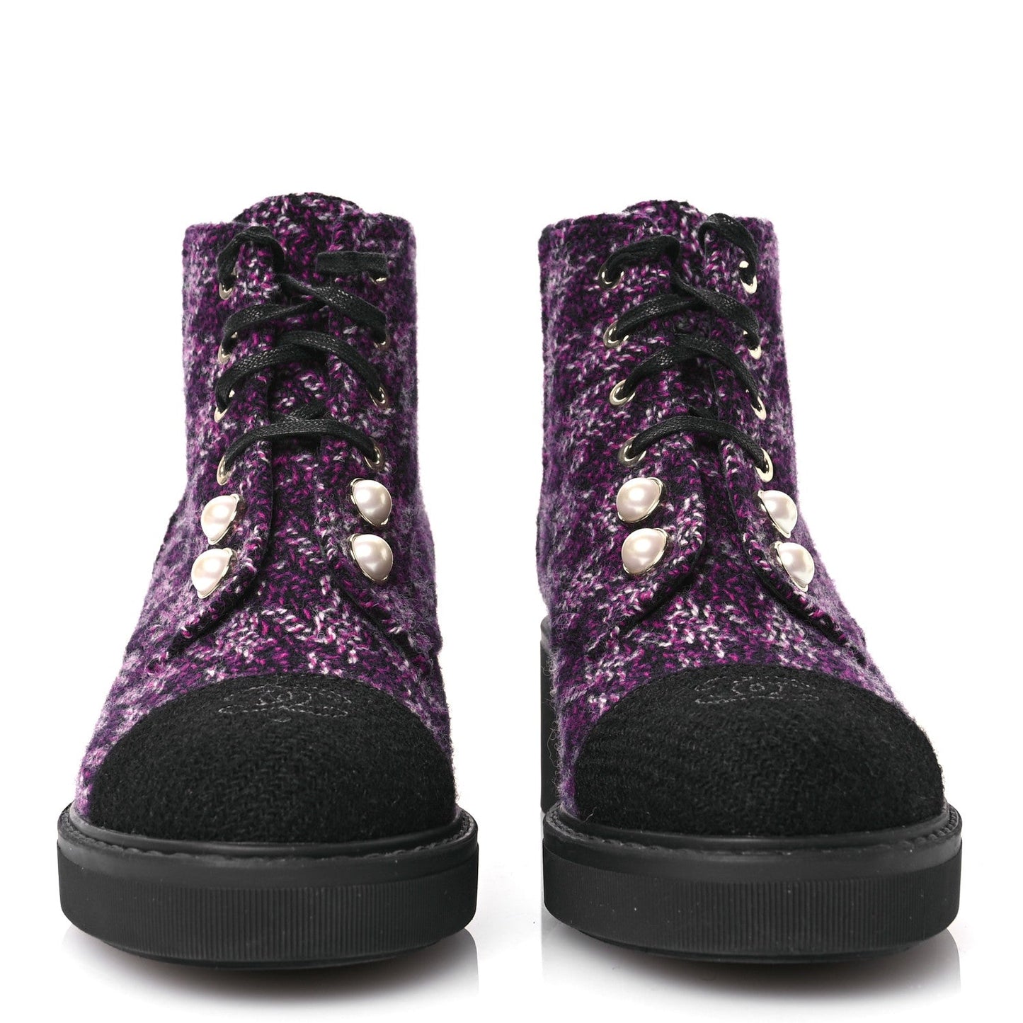 Chanel Tweed Pearl Combat Short Boots 38 Purple Black