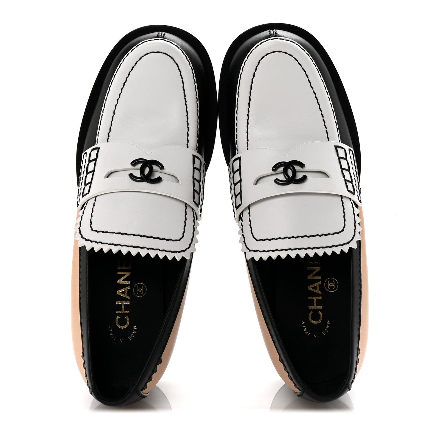 Chanel Calfskin CC Loafers 38 Black White Beige