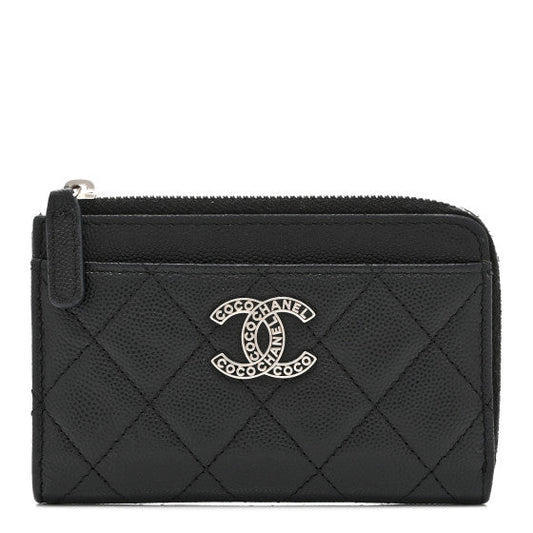 Chanel Caviar Quilted CC Logo Zip Around Card Holder Black