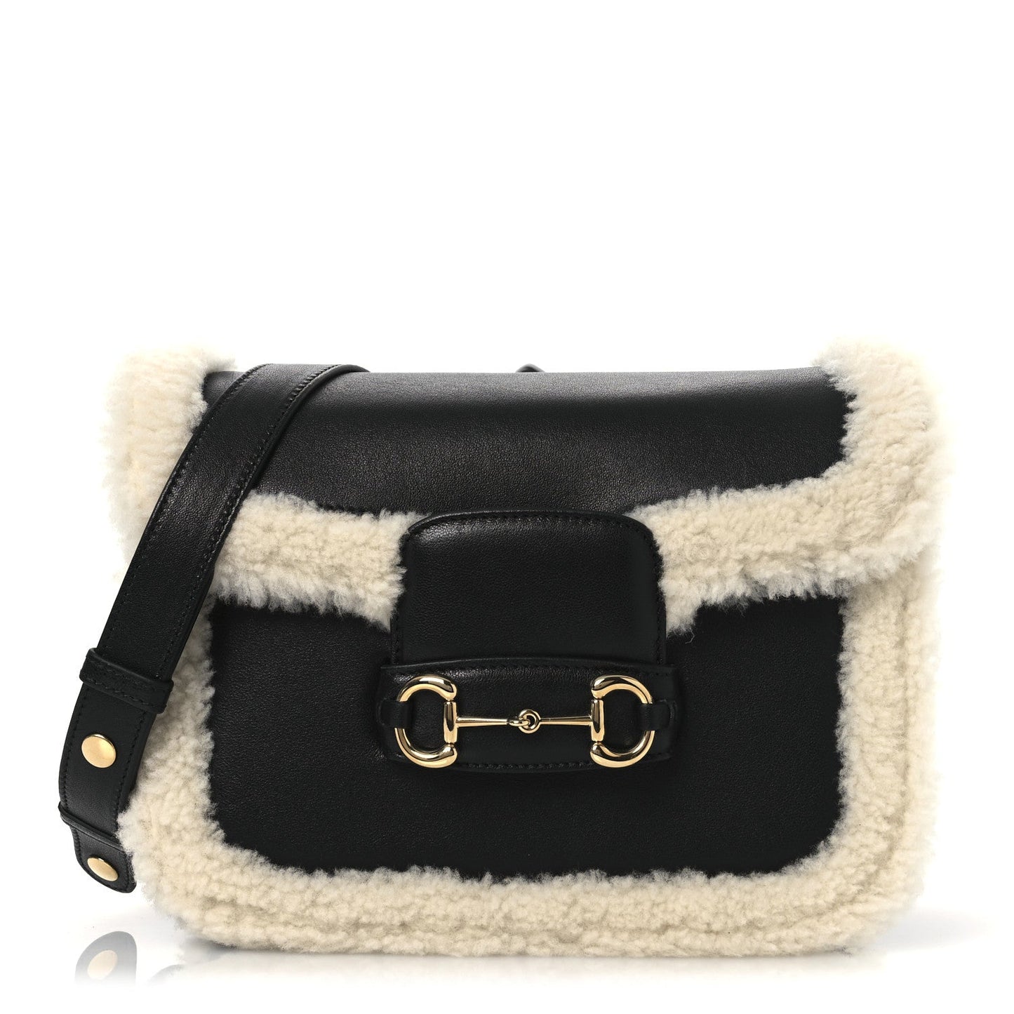 Gucci Sakai Be Green Calfskin Shearling Horsebit 1955 Shoulder Bag Black