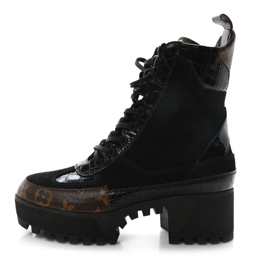 Louis Vuitton Suede Calfskin Monogram Laureate Platform Desert Boots Black