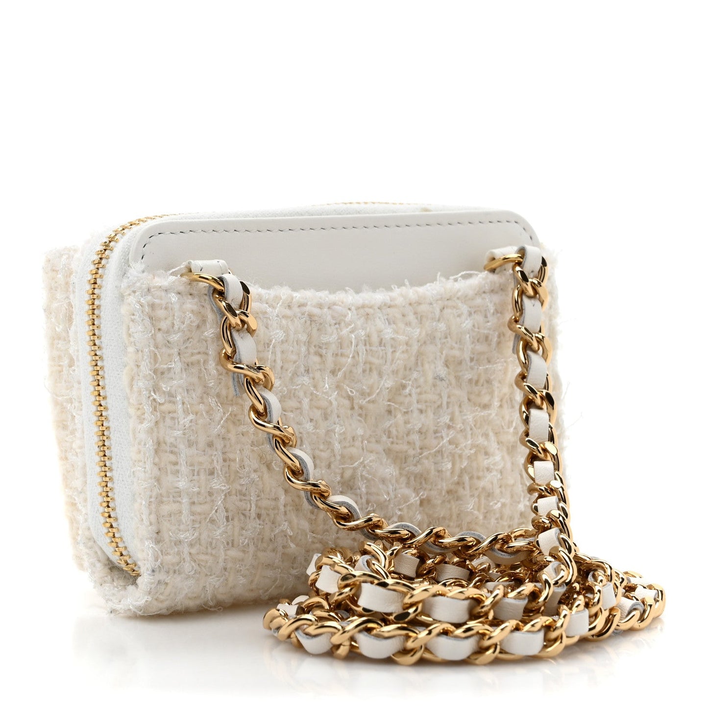 Chanel Tweed Quilted Bow Flap Card Holder On Chain White