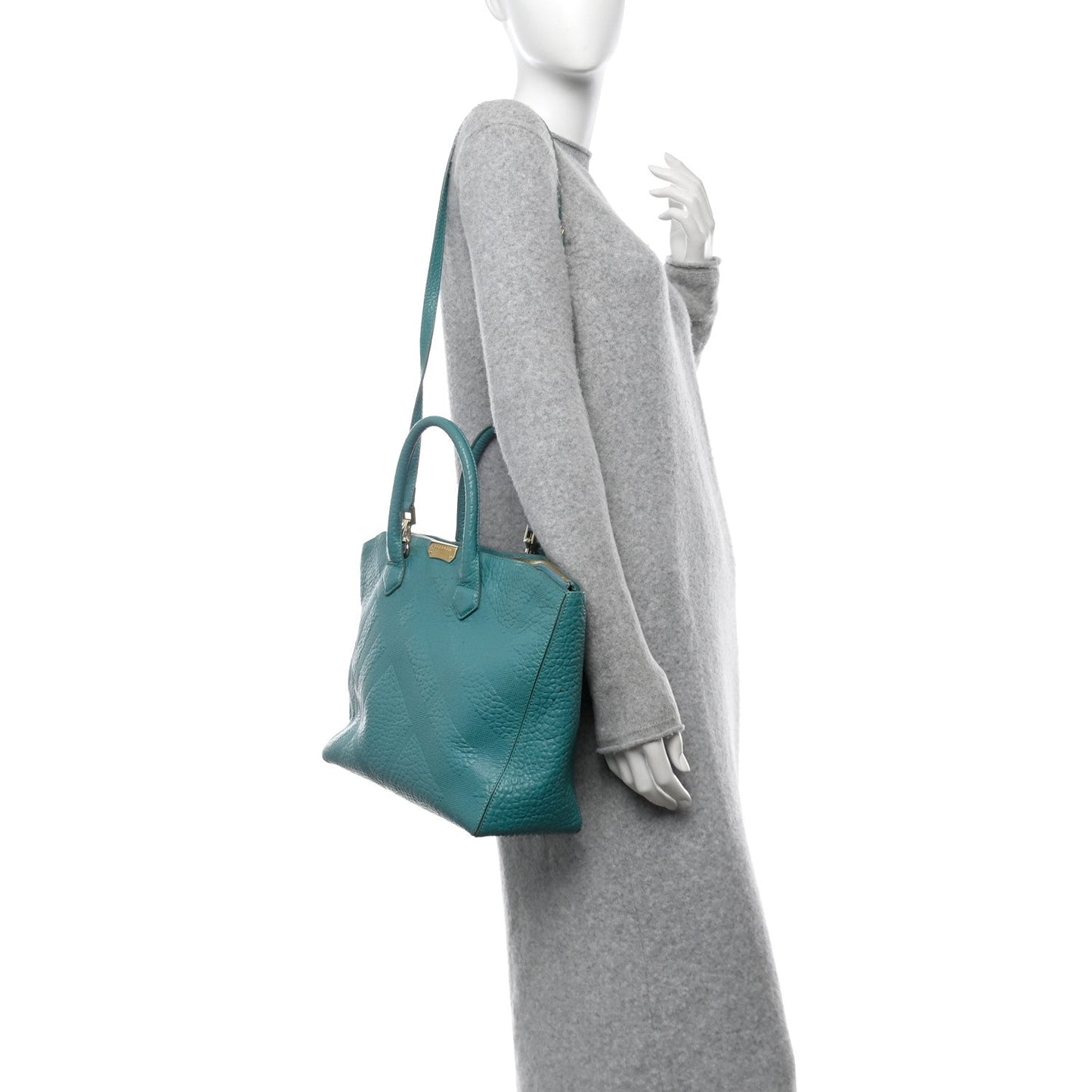 Burberry Heritage Grain Check Embossed Medium Dewsbury Tote Turquoise