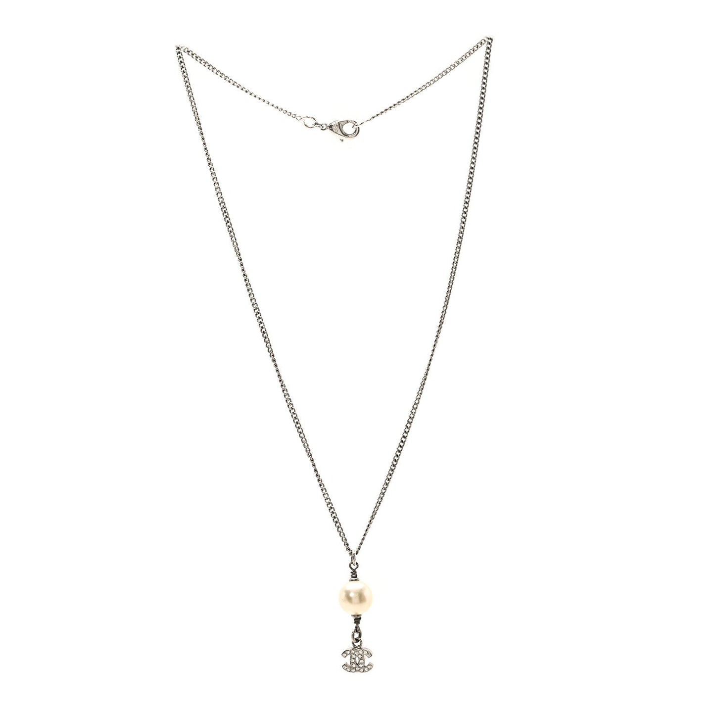 Chanel Pearl Crystal CC Pendant Necklace Silver