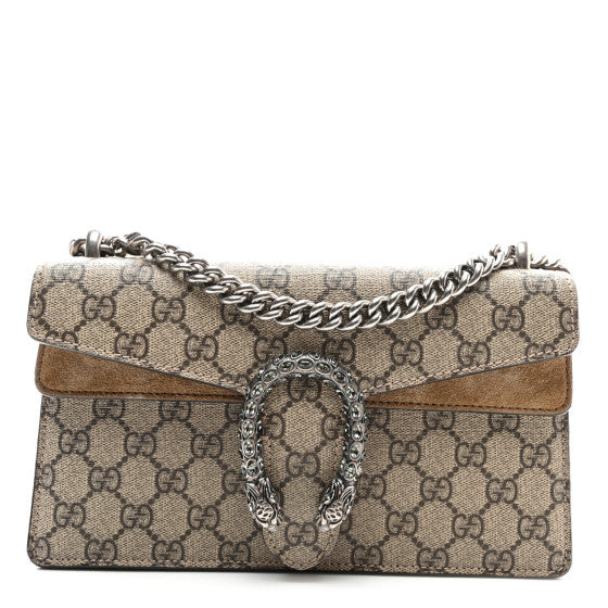 Gucci GG Supreme Monogram Suede Crystal Small Dionysus Shoulder Bag Beige Ebony Taupe