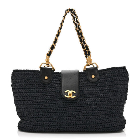 Chanel Straw Raffia Tote Black