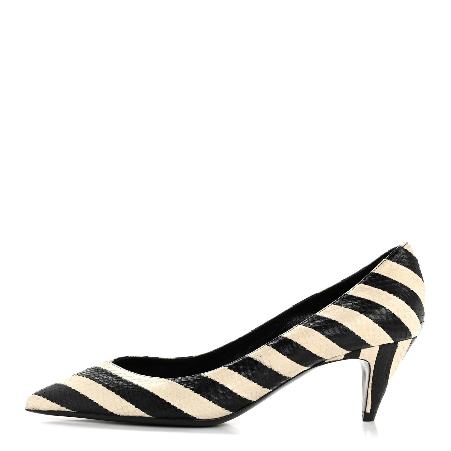 Saint Laurent Elaphe Snakeskin Striped Kiki Kitten Heel Pumps 38.5 Black Off White