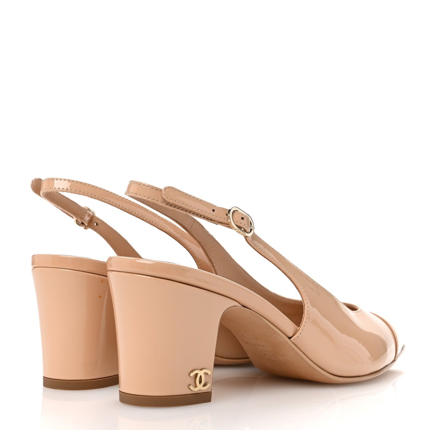 Chanel Patent Calfskin Cap Toe CC Slingback Pumps 38 Beige