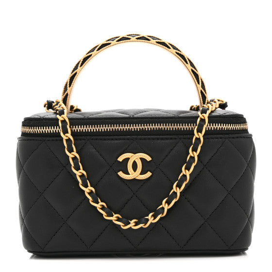Chanel Lambskin Quilted Metal Twist Small Top Handle Vanity Case With Chain  Black