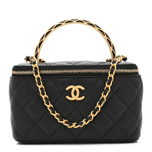 Chanel Lambskin Quilted Metal Twist Small Top Handle Vanity Case With Chain  Black