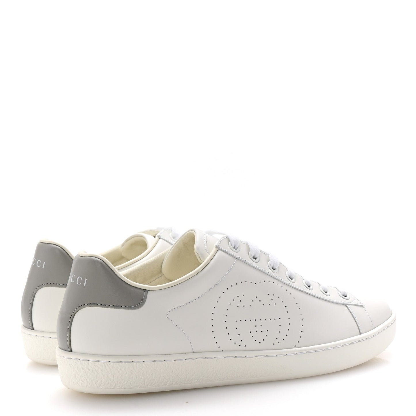 Gucci Calfskin InterLocking G Perforated Womens Ace Sneakers 38.5 White Grey Sky