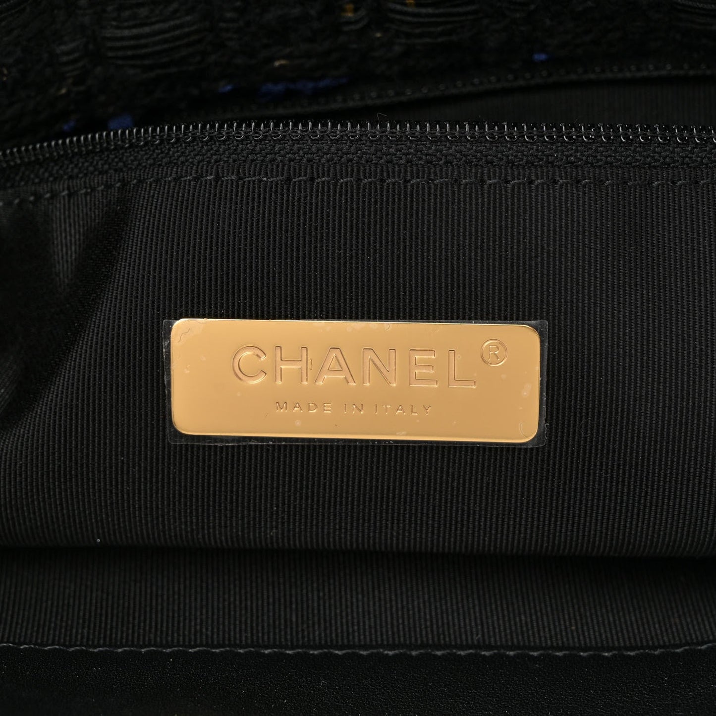 Chanel Tweed Quilted Large 19 Flap Black Navy Gold