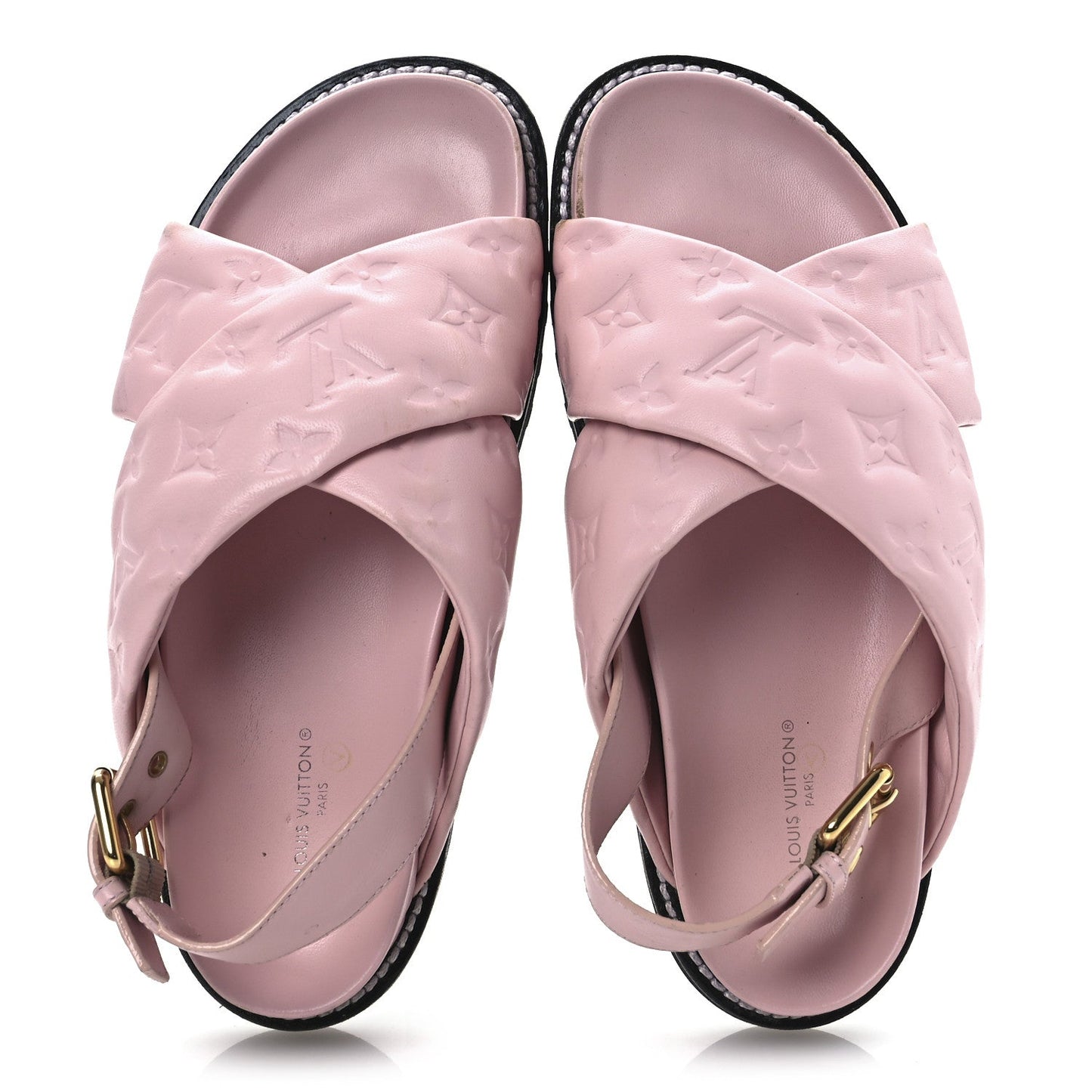 Louis Vuitton Lambskin Monogram Embossed Paseo Flat Comfort Sandals Rose Clair
