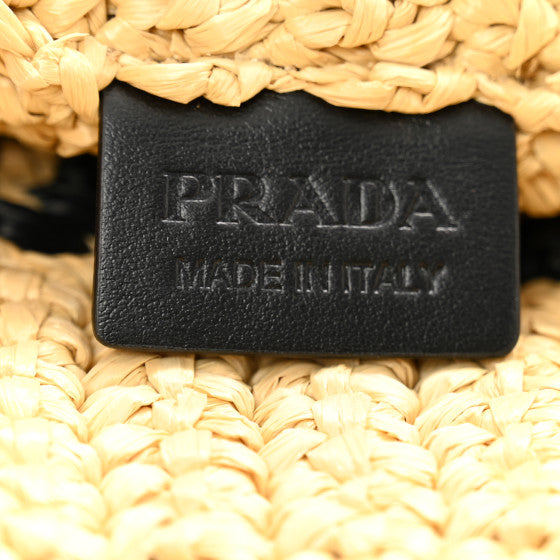 Prada Yarn Raffia Effect Crochet Embroidered Small Logo Tote Naturale