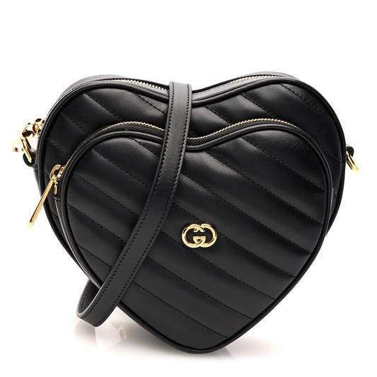 Gucci Calfskin Matelasse Diagonal Mini Interlocking G Heart Shoulder Bag Black