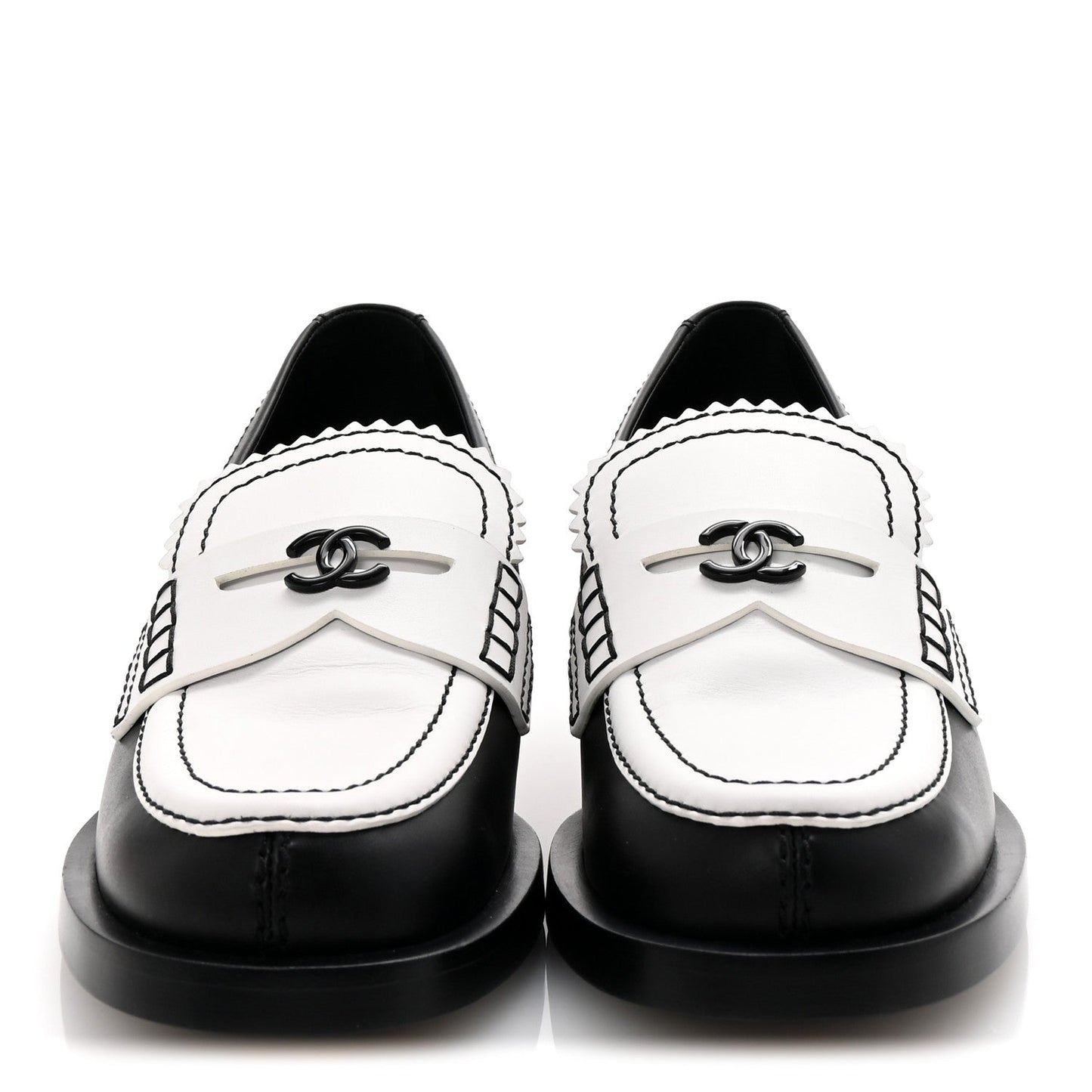 Chanel Calfskin CC Loafers 38 Black White Beige
