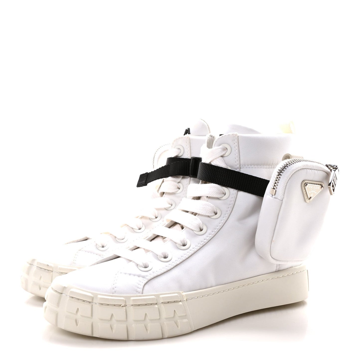 Prada Re-Nylon Gabardine Metal Triangle Logo Wheel Pouch Pocket High Top Sneakers 35.5 White