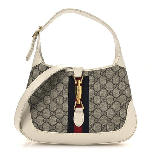Gucci GG Supreme Monogram Azalea Calfskin Web Small Jackie 1961 Hobo Beige Ebony Mystic White