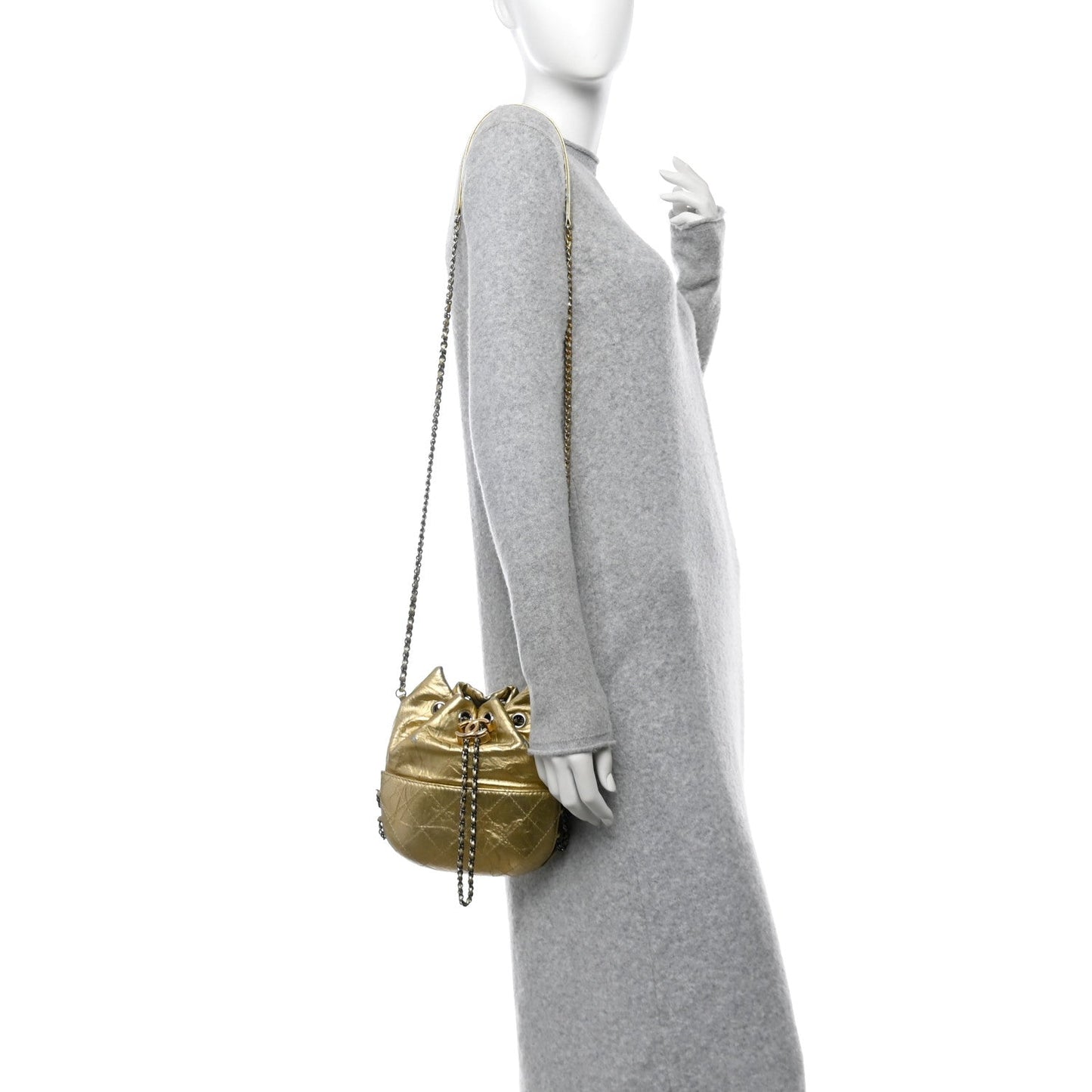Chanel Metallic Aged Calfskin Quilted Small Gabrielle Bucket Gold