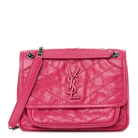 Saint Laurent Crinkled Calfskin Matelasse Monogram Baby Niki Chain Satchel Freesia