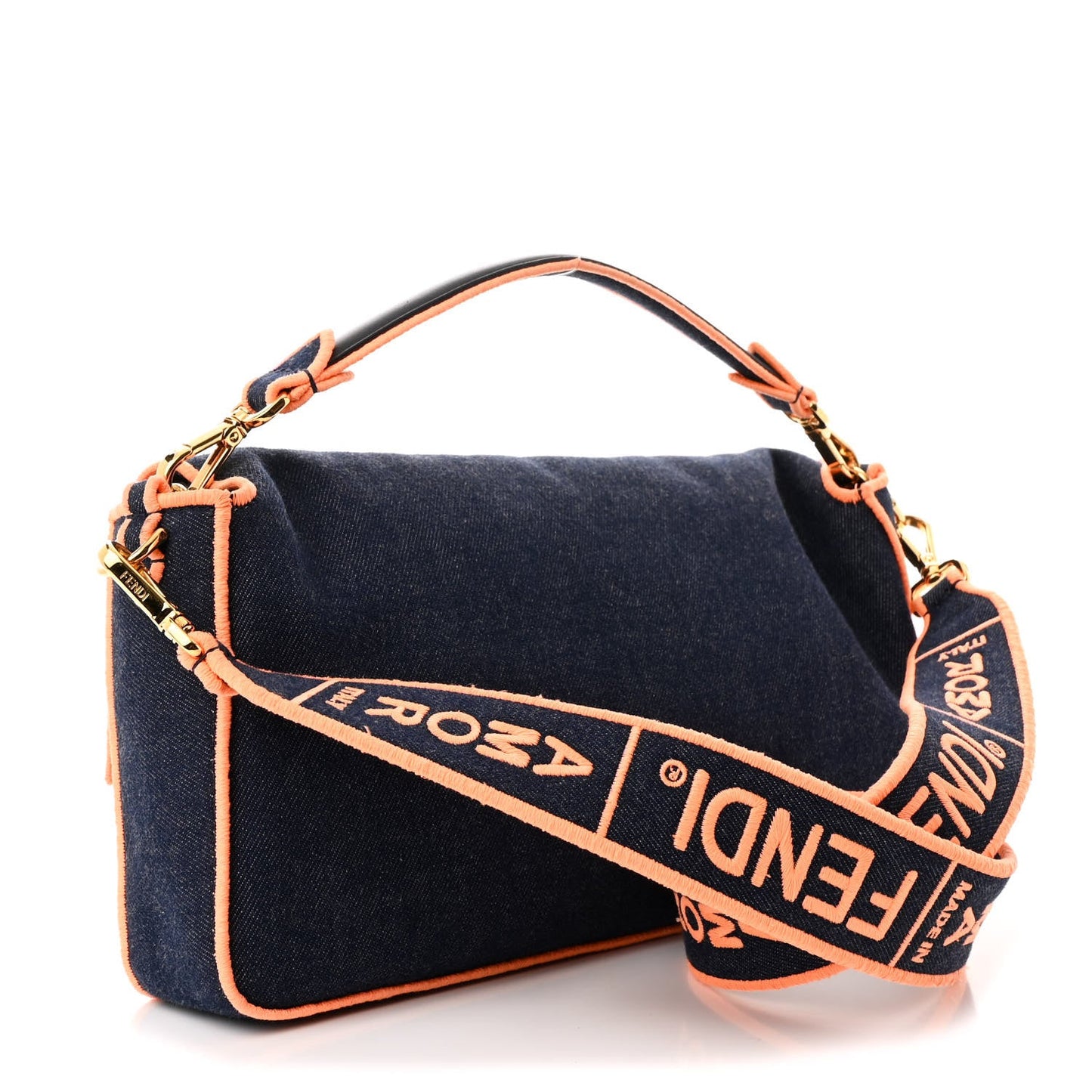 Fendi Denim Large Baguette Blue Arancio Fluo