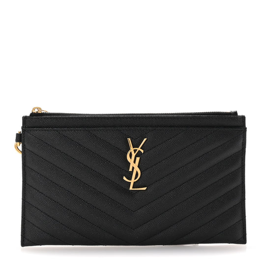 Saint Laurent Grain De Poudre Chevron Monogram Large Bill Pouch Black