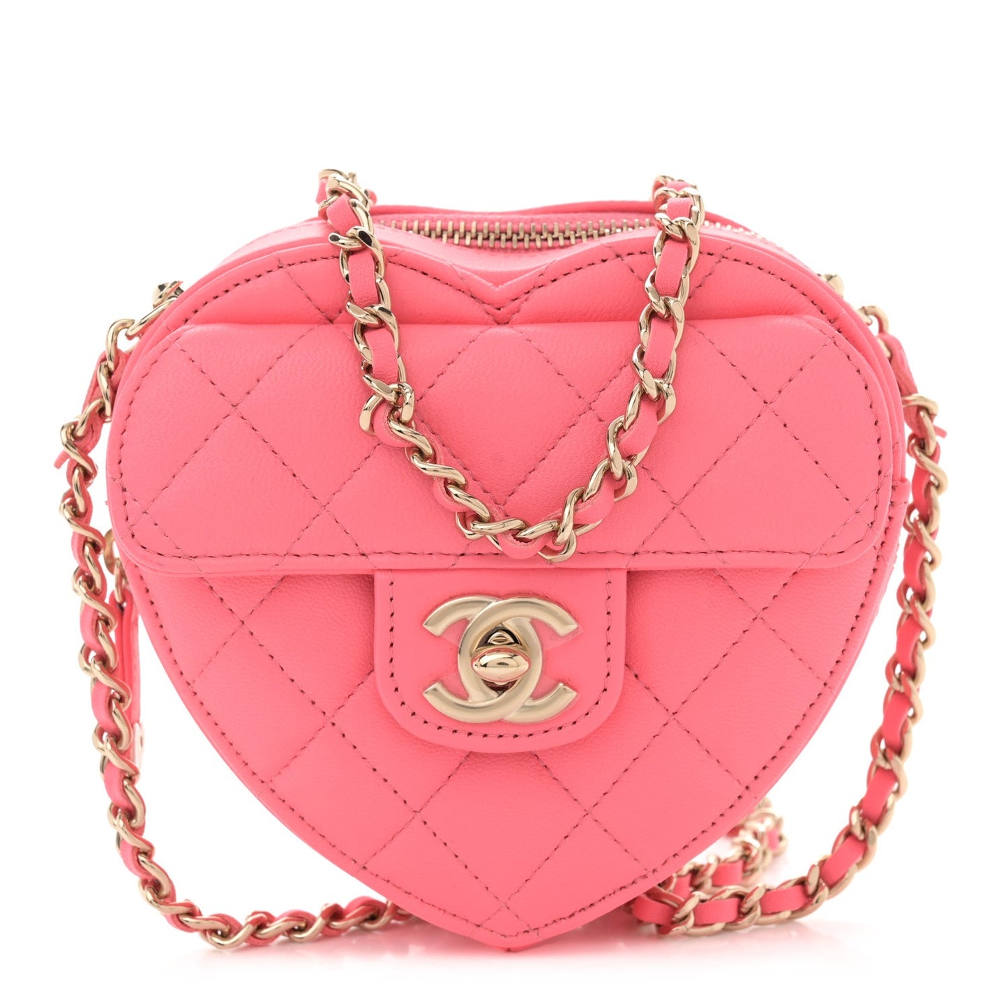 Chanel Lambskin Quilted CC In Love Heart Clutch With Chain Pink