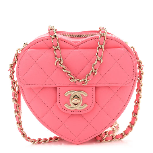 Chanel Lambskin Quilted CC In Love Heart Clutch With Chain Pink