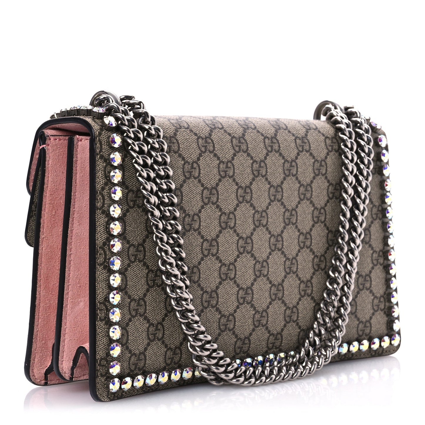 Gucci GG Supreme Monogram Suede Crystal Small Dionysus Shoulder Bag Beige Ebony Light Peonia
