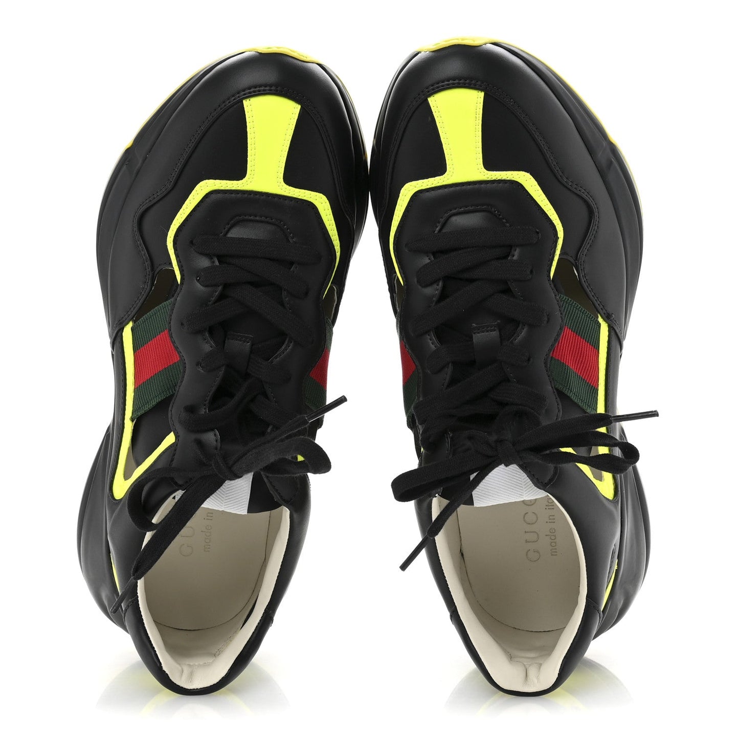 Gucci Demetra Web Mens Rhyton Cut Out Sneakers 10 Black Yellow Fluo