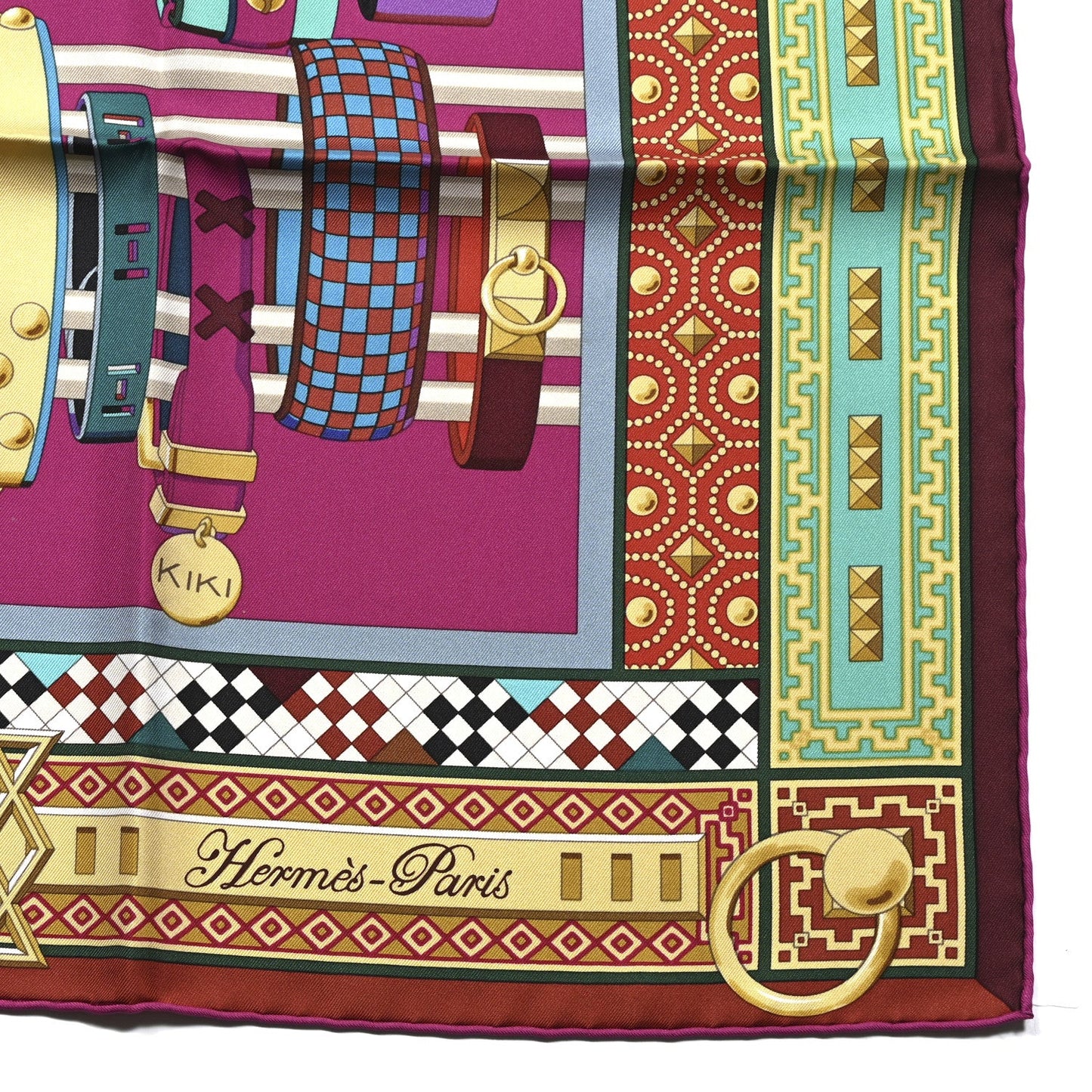 Hermes Silk Colliers de Chiens Scarf 90 Fuchsia Turquoise Grenat