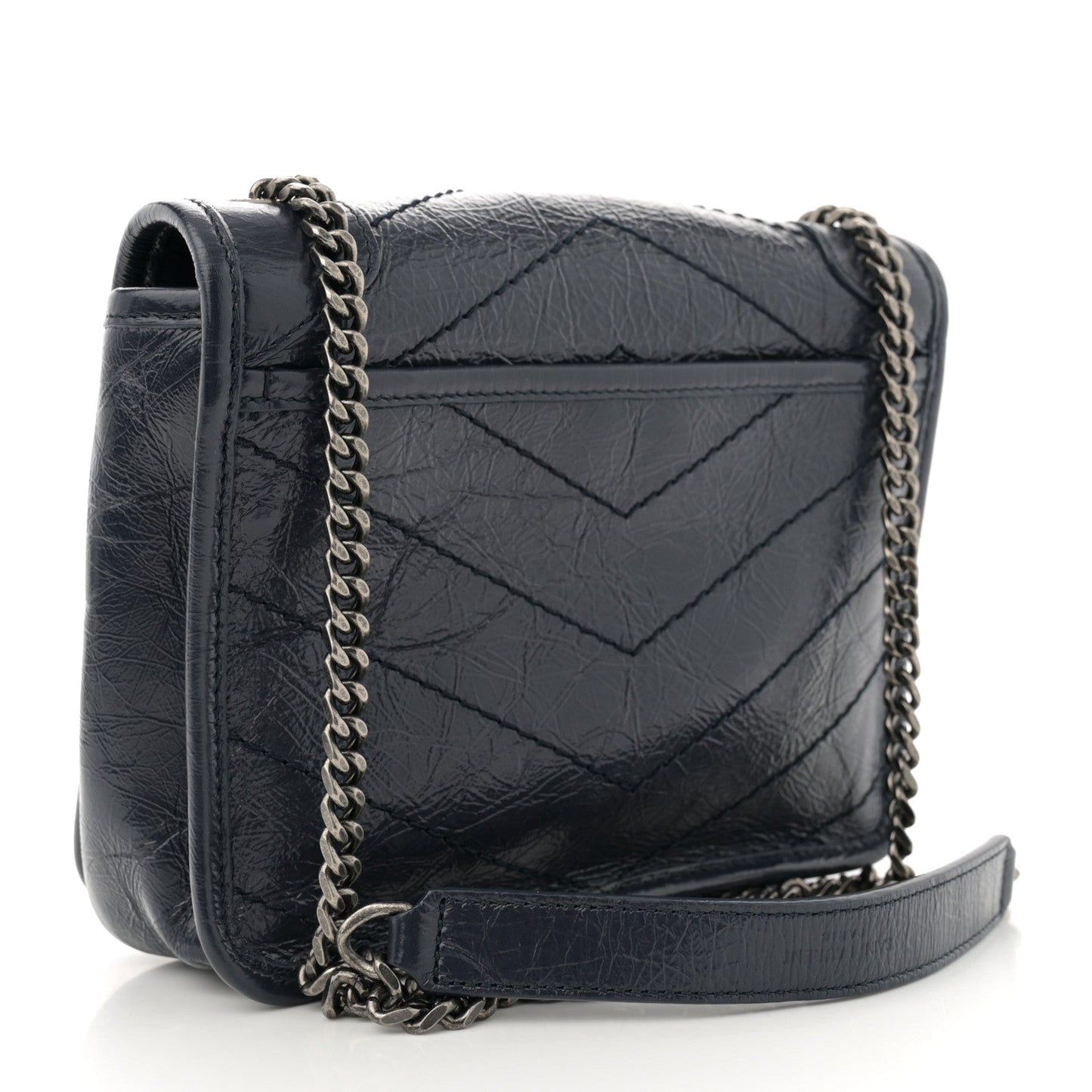 Saint Laurent Crinkled Calfskin Matelasse Monogram Niki Chain Wallet Deep Marine