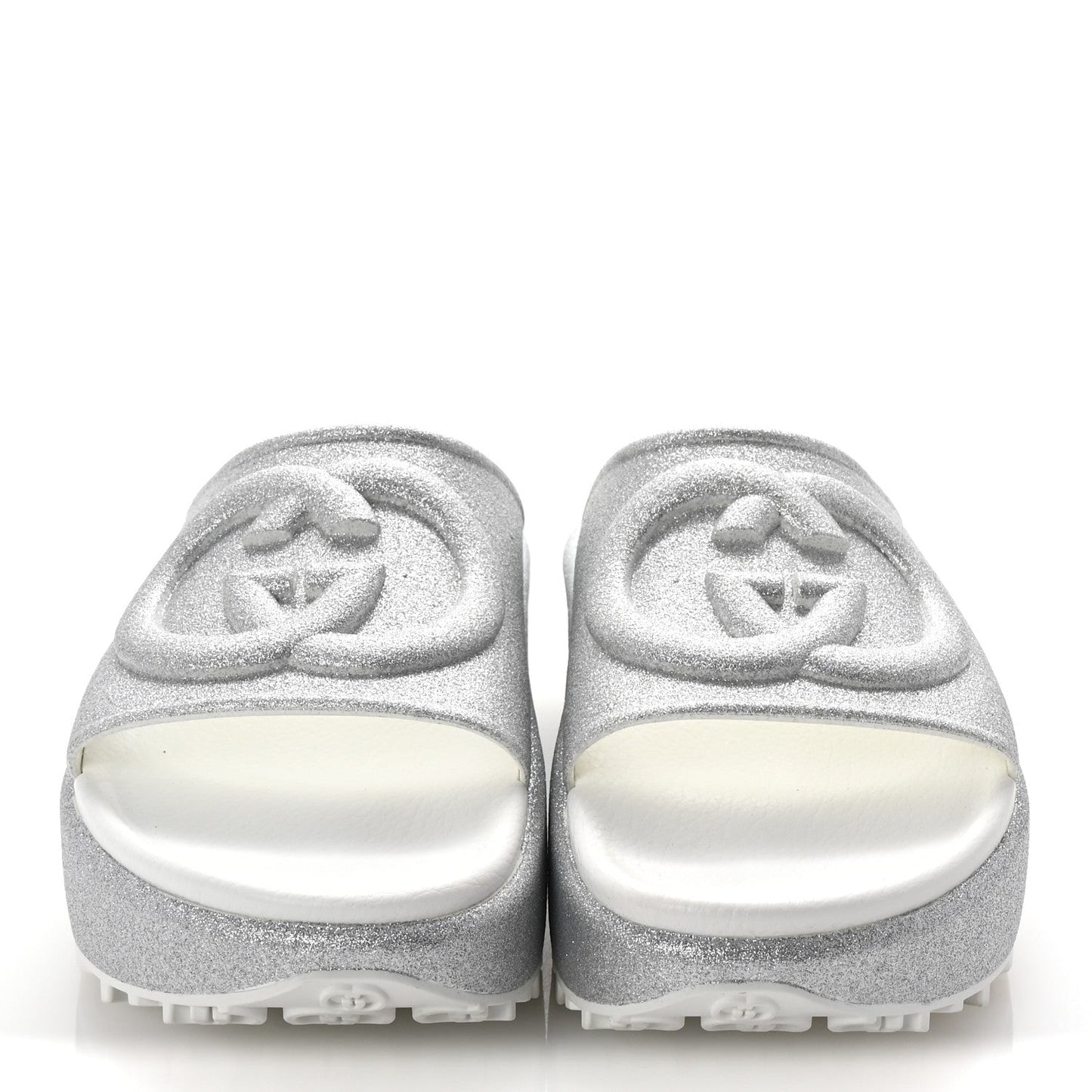 Gucci Glitter Rubber Womens InterLocking G Platform 42mm Slide Sandals 37 Silver
