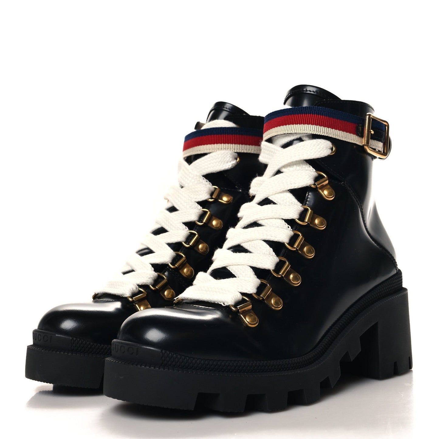 Gucci Calfskin Sylvie Web Lace Up Combat Boots 35 Black