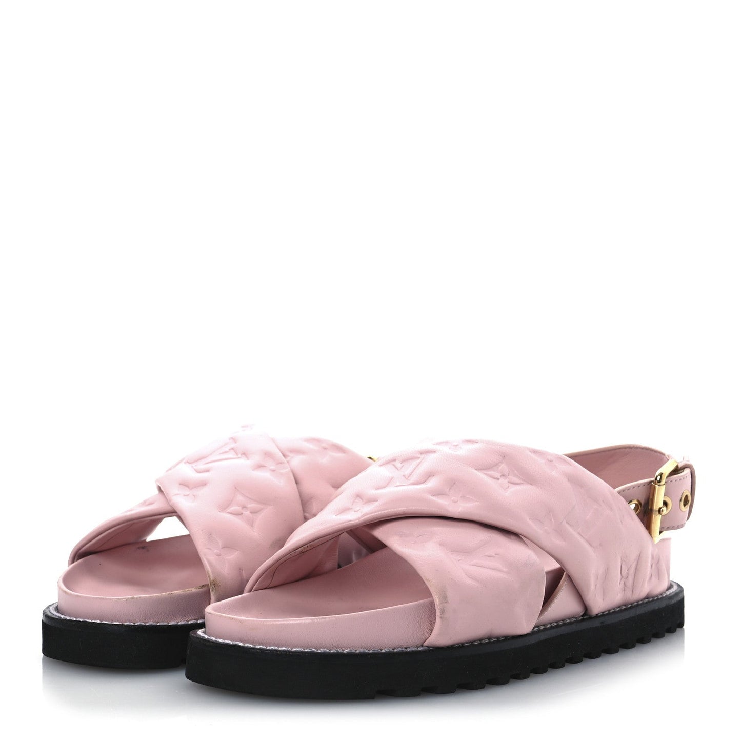 Louis Vuitton Lambskin Monogram Embossed Paseo Flat Comfort Sandals Rose Clair