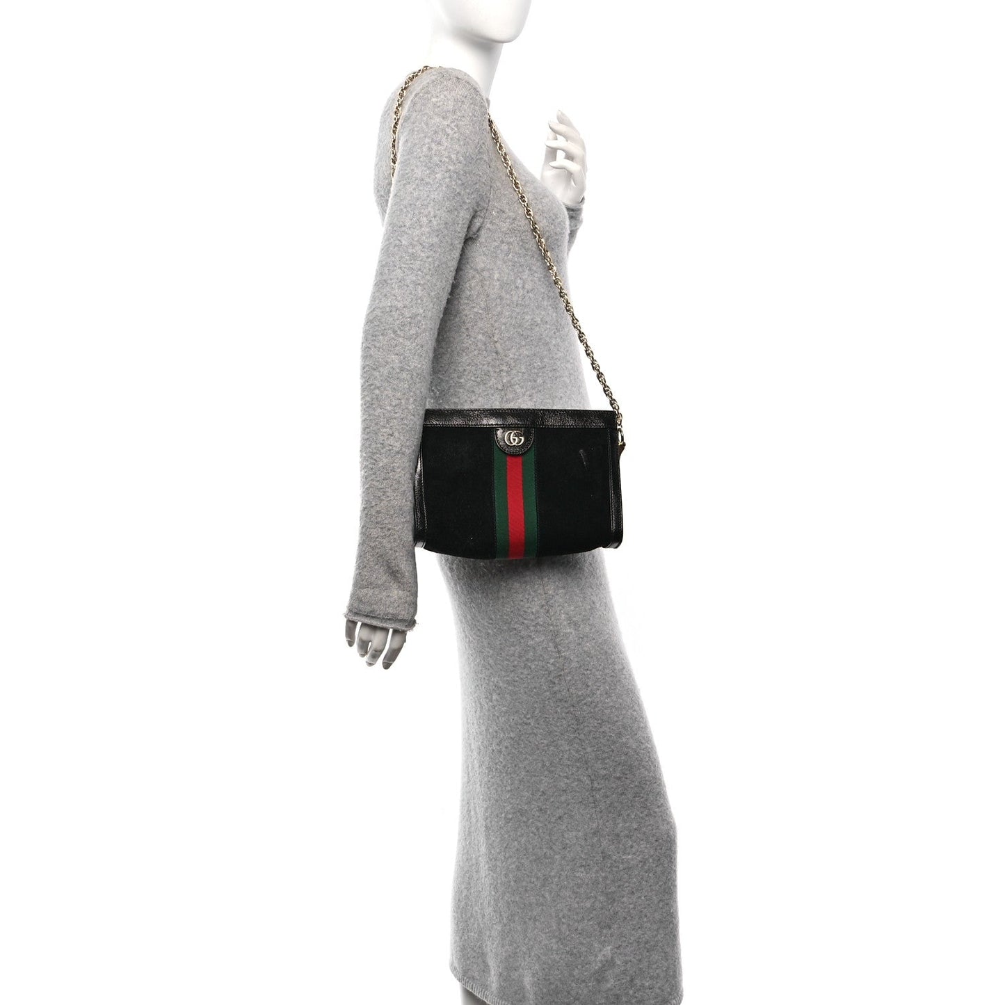 Gucci Suede Patent GG Web Small Ophidia Chain Shoulder Bag Black