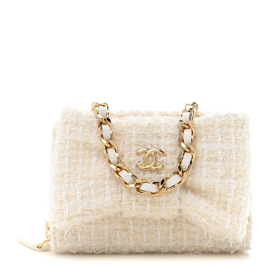 Chanel Tweed Quilted Bow Flap Card Holder On Chain White