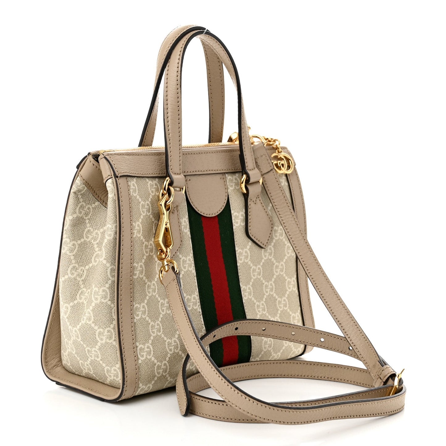 Gucci GG Supreme Monogram Textured Dollar Calfskin Web Small Ophidia Tote Bag Beige Mystic White Oatmeal