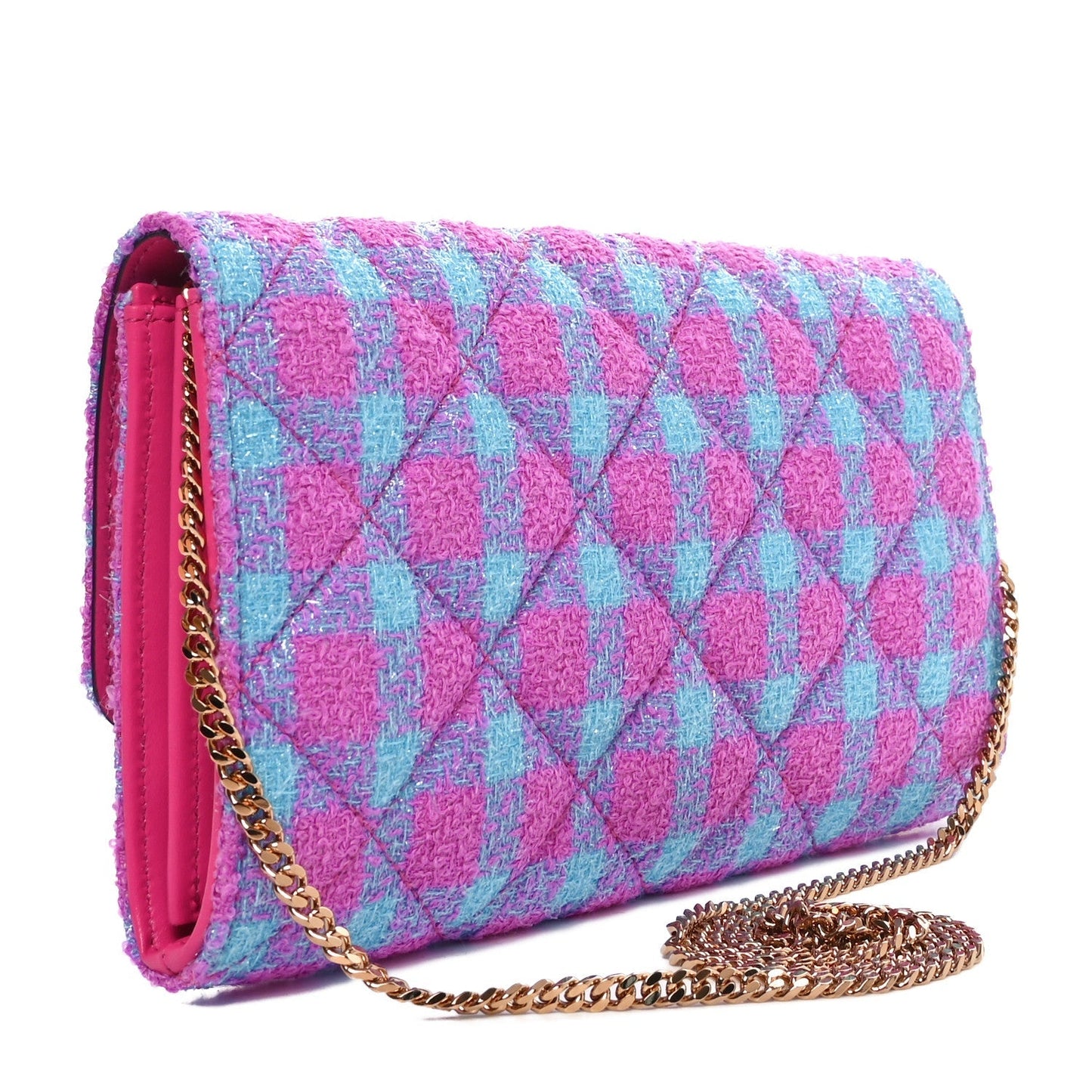 Versace Tweed Quilted Medusa Wallet on Chain Crossbody Pink Blue