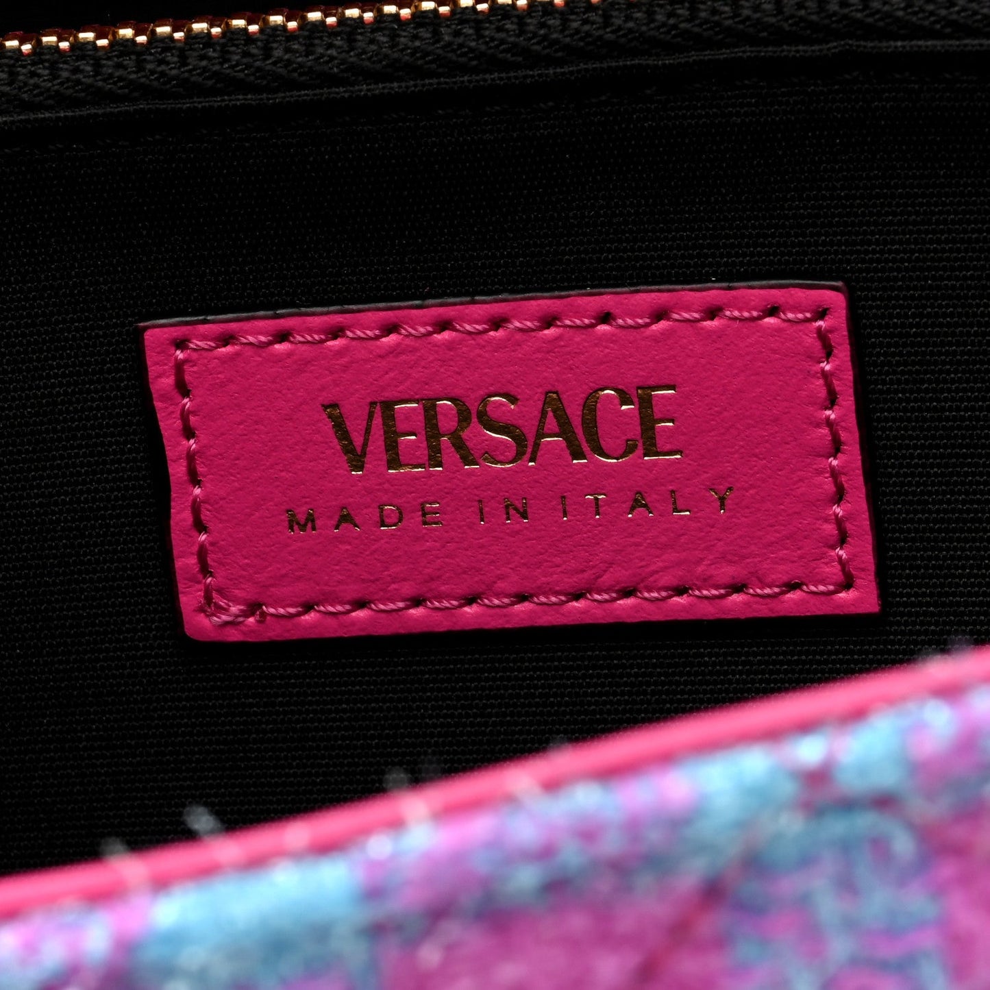 Versace Tweed Quilted Medusa Wallet on Chain Crossbody Pink Blue