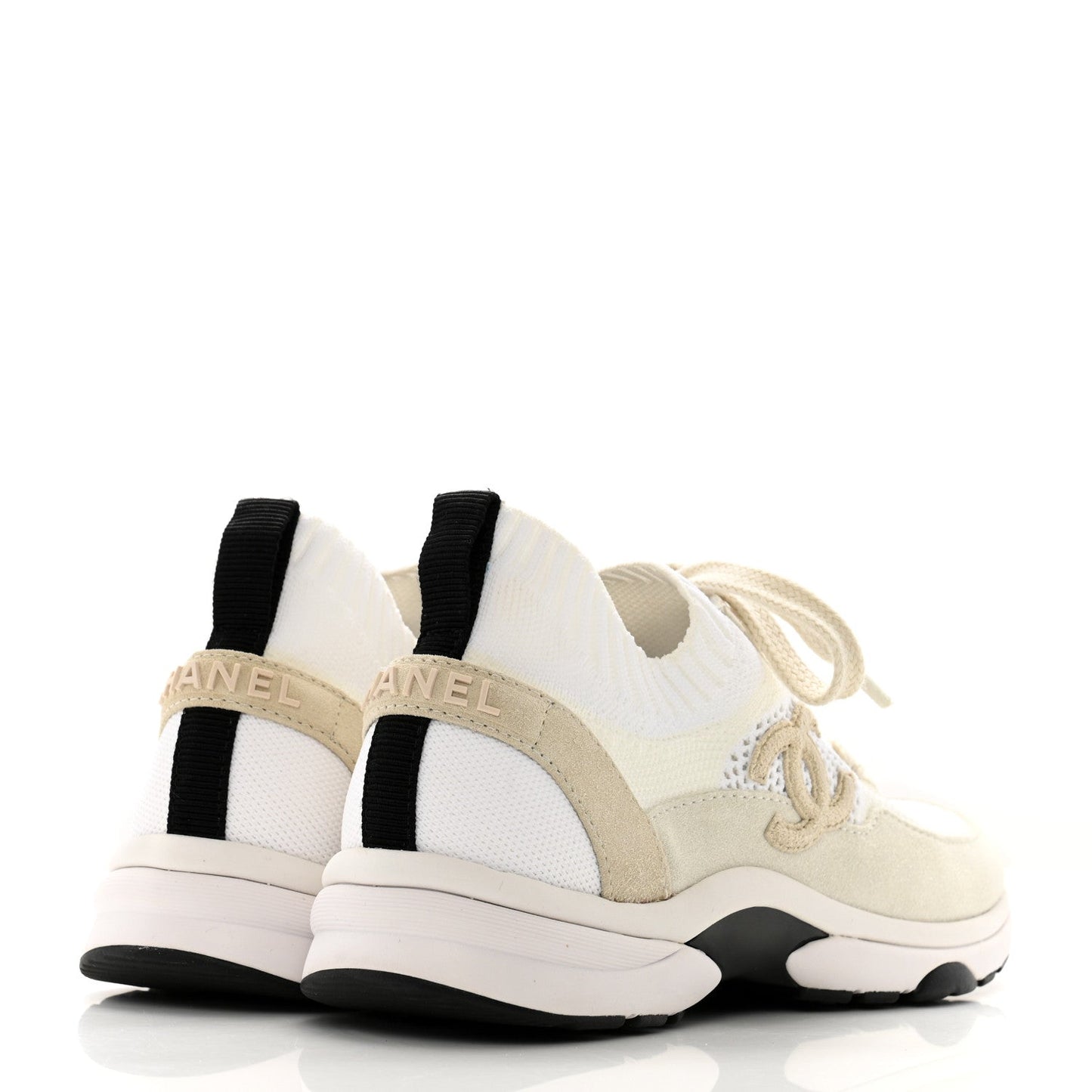 Chanel Mesh Suede Fabric Womens CC Sneakers 36 White Ivory Light Beige