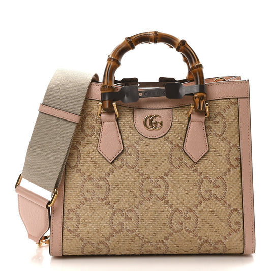 Gucci Raffia Textured Dollar Calfskin GG Monogram Small Diana Tote Bag Wild Rose Fuxia Fluo