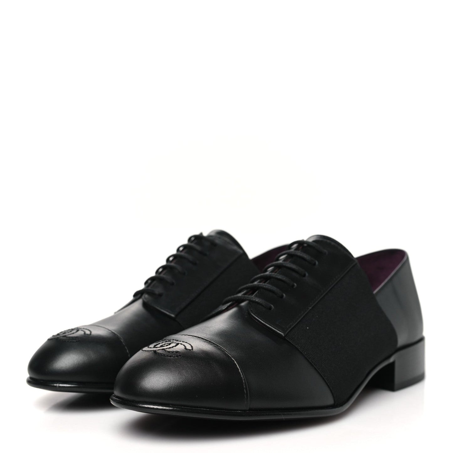 Chanel Calfskin Elastic Lace Up Cap Toe CC Loafers 37 Black